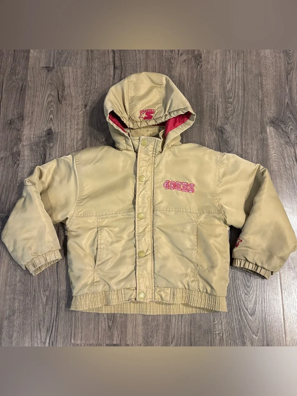 Rare Retro STARTER 1980-90s NFL San Francisco 49ers Hooded Gold Jacket Kids SmL
